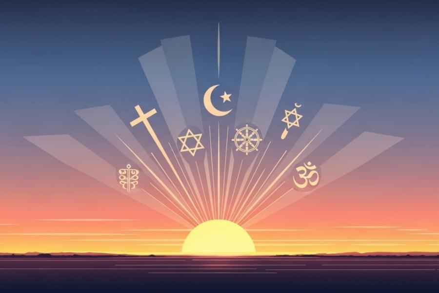 Diverse religious symbols radiate from a serene sunrise, representing unity and spirituality.