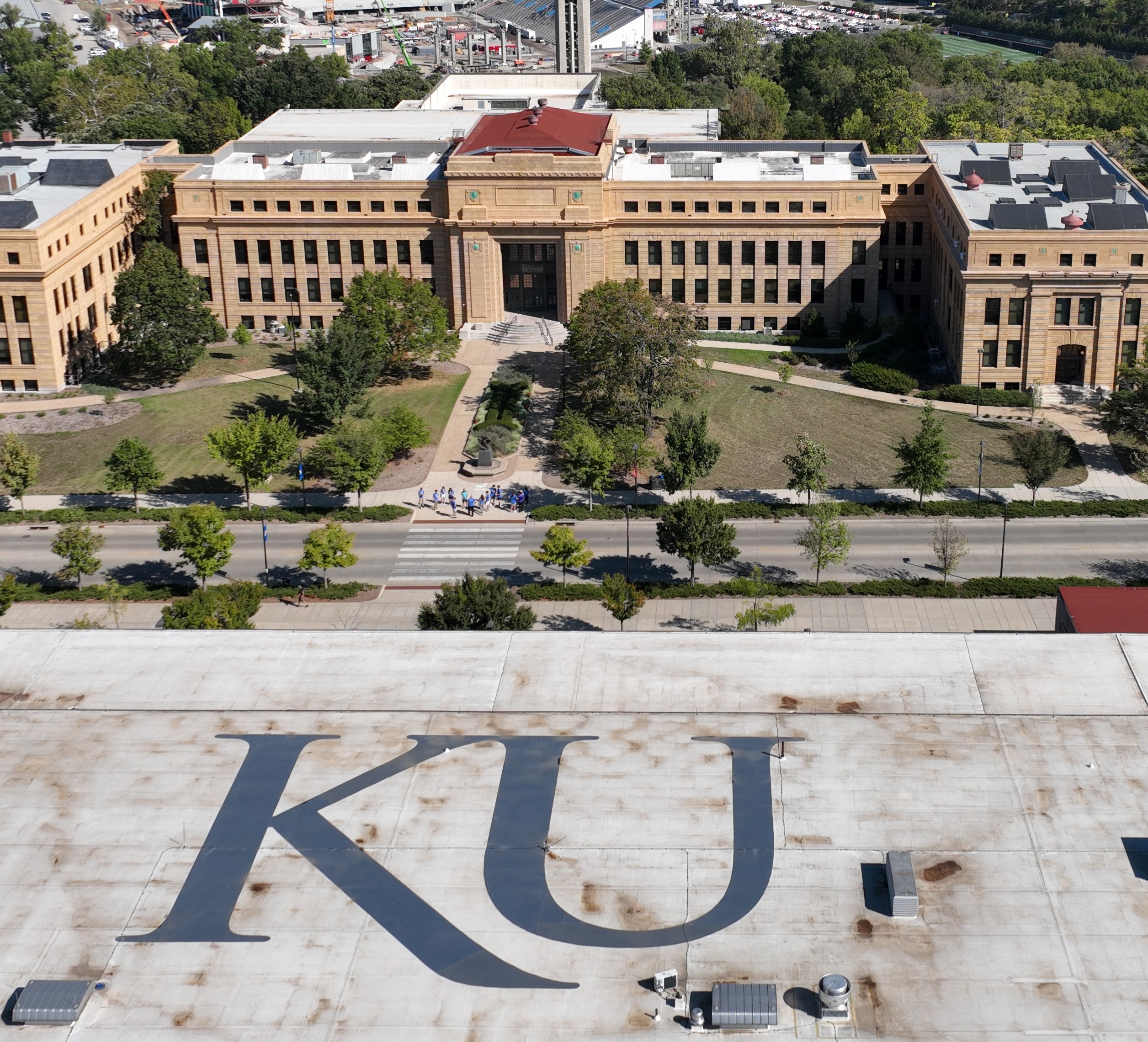 Group of students and faculty as viewed by drone