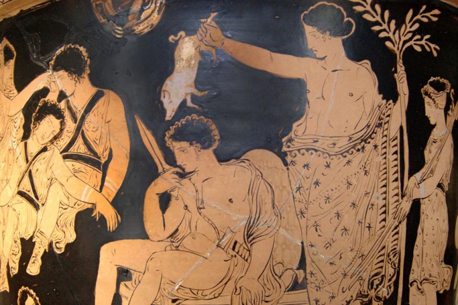 Image on side of ancient vessel depicting Clytemnestra and Orestes