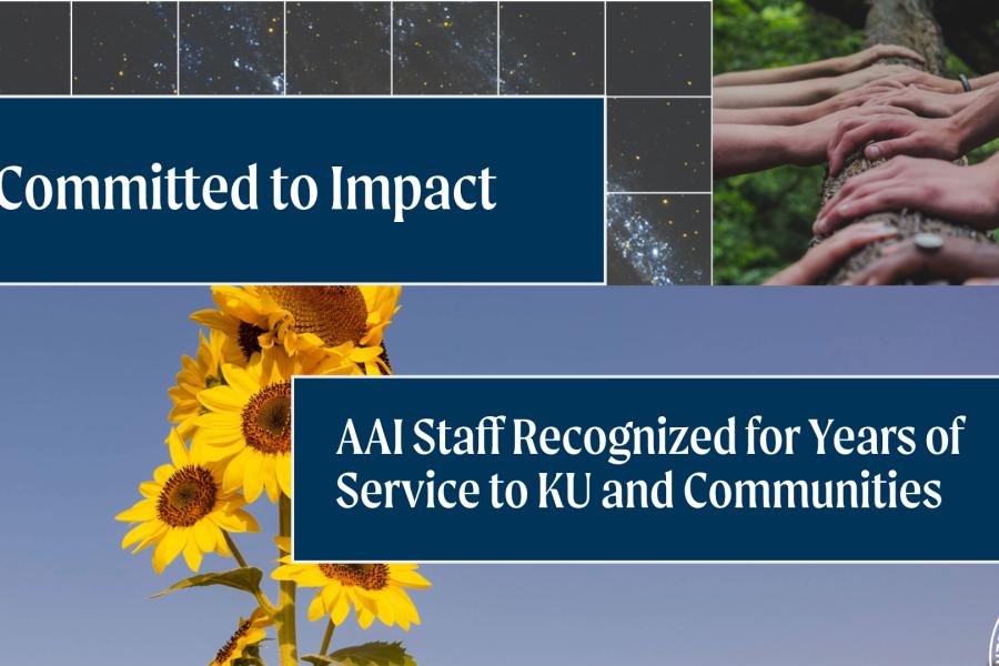 Social Card: Collage of hands on a tree trunk, sunflowers, and a grid over a galaxy. Text: Committed to Impact, AAI Staff Recognized for Years of Service to KU and Communities.
