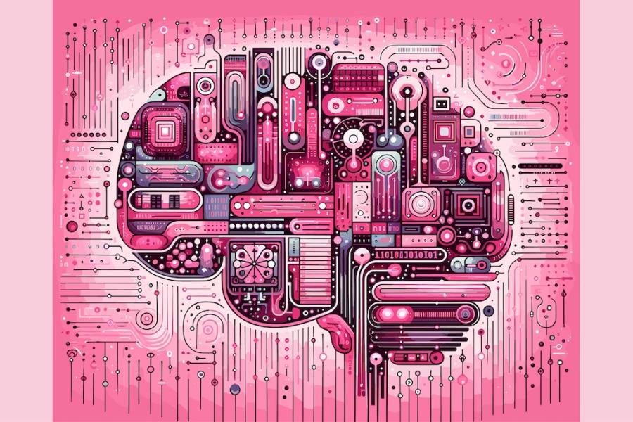 Large-scale language model AI concept illustration of a human brain made of computer parts.