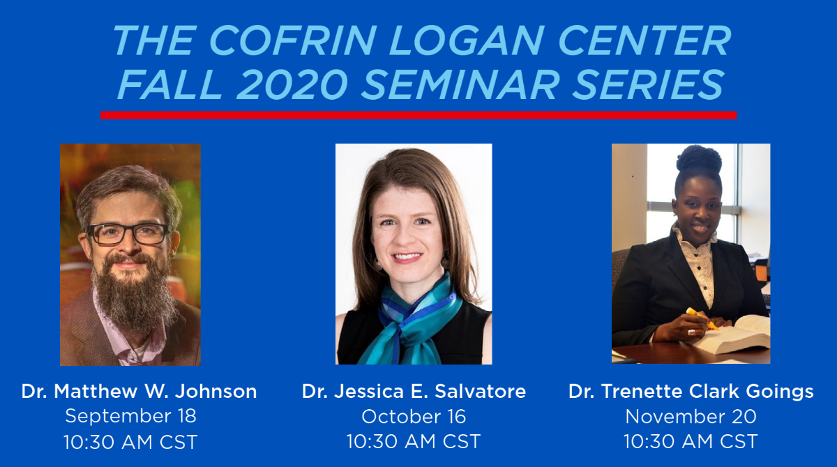 "A poster image of three speakers is shown with The Cofrin Logan Fall Seminar Series titled at the top"