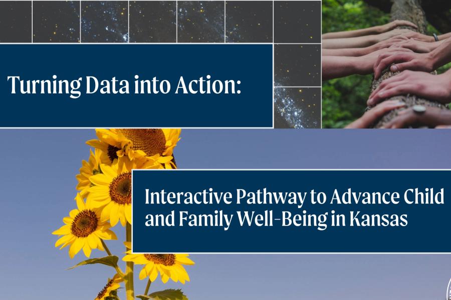 Turning Data into Action: Interactive Pathway to Advance Child and Family Well-Being in Kansas. Collage featuring hands on a tree trunk, sunflowers, and stars.