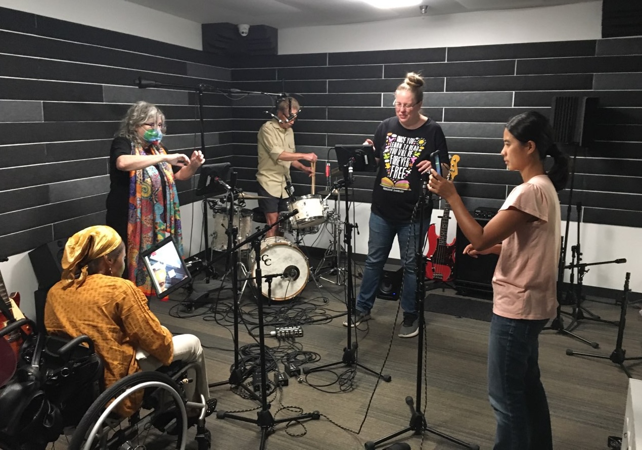 A recent AUMI jam took place at the Lawrence Public Library Sound+Vision Studio. Pictured from left are Ranita Wilks, Sherrie Tucker, Ray Mizumura-Pence, Julie Unruh and Grace Leu. Credit: Oliver Hall