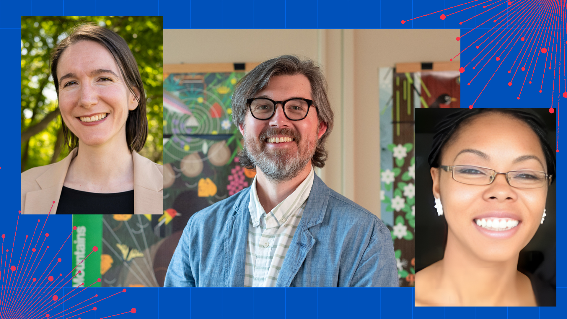 A combined graphic with headshots of three KU faculty members - Georgina White, Jeremy Shellhorn and Dorothy Hines.