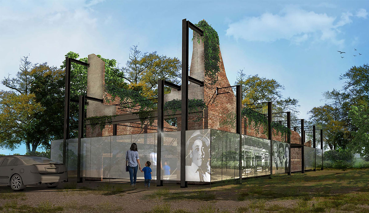 Artist's rendering of ruined building, surrounded by lighted panels with image of Emmett Till, as visitors pass.