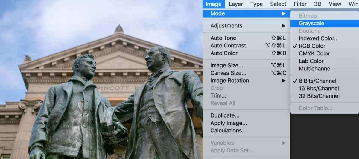 Example image with Photoshop interface showing the menu to find Image>Mode> Grayscale