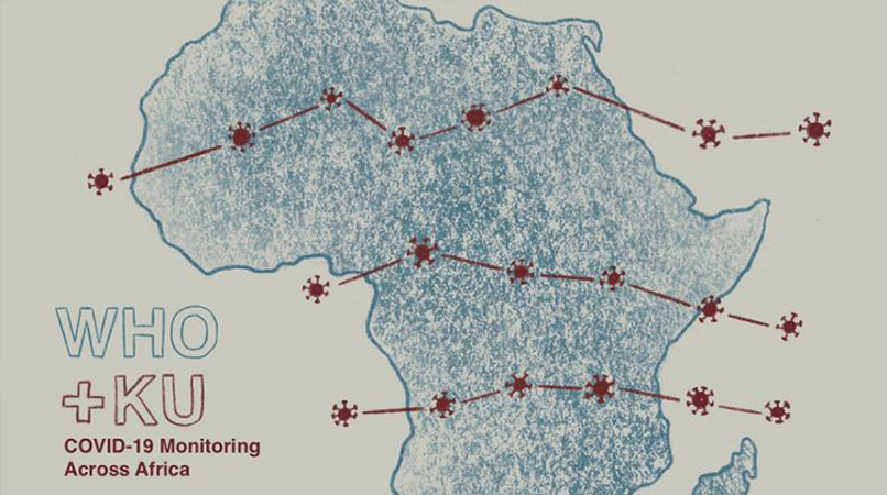 Drawing of a map of Africa with the words, "WHO + KU, COVID-19 Monitoring Across Africa"