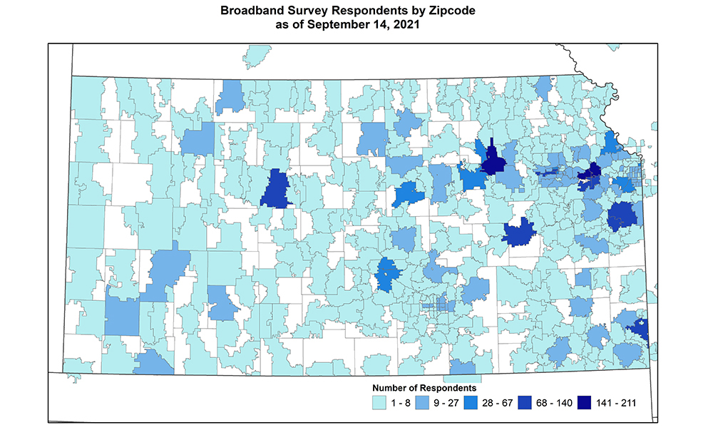 A map of response rates to a survey on internet accessibility and affordability in Kansas. Researchers are struggling to reach rural residents who may be most affected by slow speeds and lack of access.  