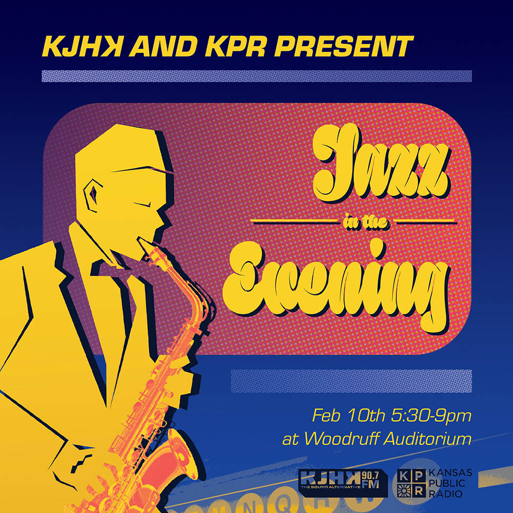 Jazz in the Evening logo with illustrated saxophone player 