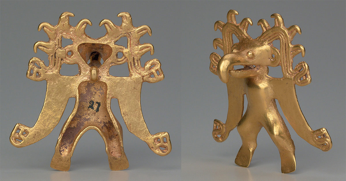 Gold pendant from Finca 4 site in Costa Rica. Credit: John Tsantes, courtesy of Dumbarton Oaks Research Library and Collection