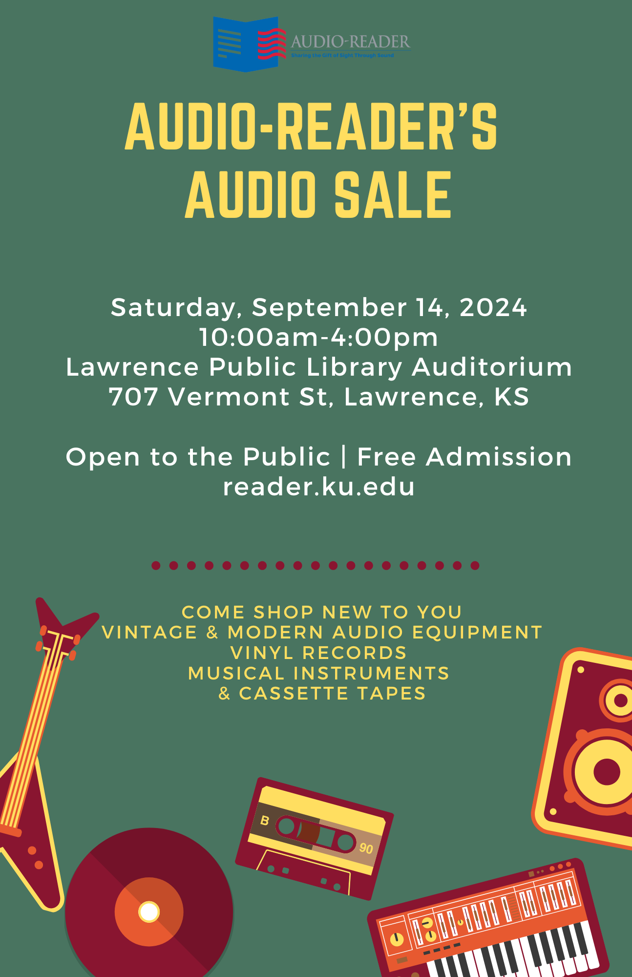 Event description: Audio Sale, Saturday, Sept 14, 10am - 4pm at the Lawrence Public Library at 707 Vermont St. Free Admission; Open to the public; vinyl records, cassette tapes, and audio equipment