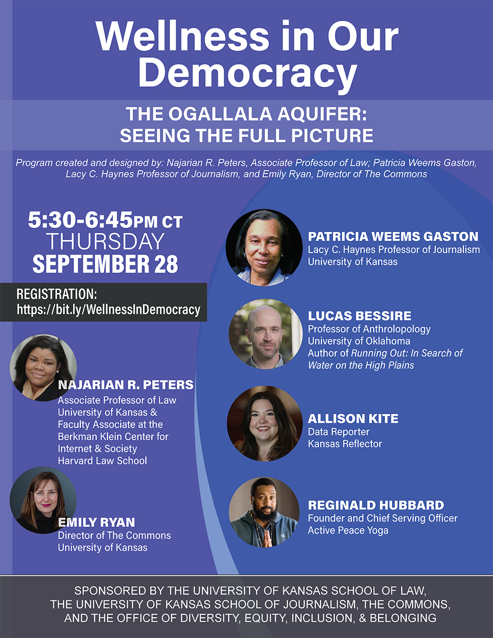 Wellness in Our Democracy event flier with photos of presenters.
