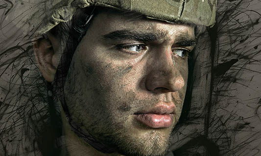Photo illustration of man in combat gear with helmet and chin strap.