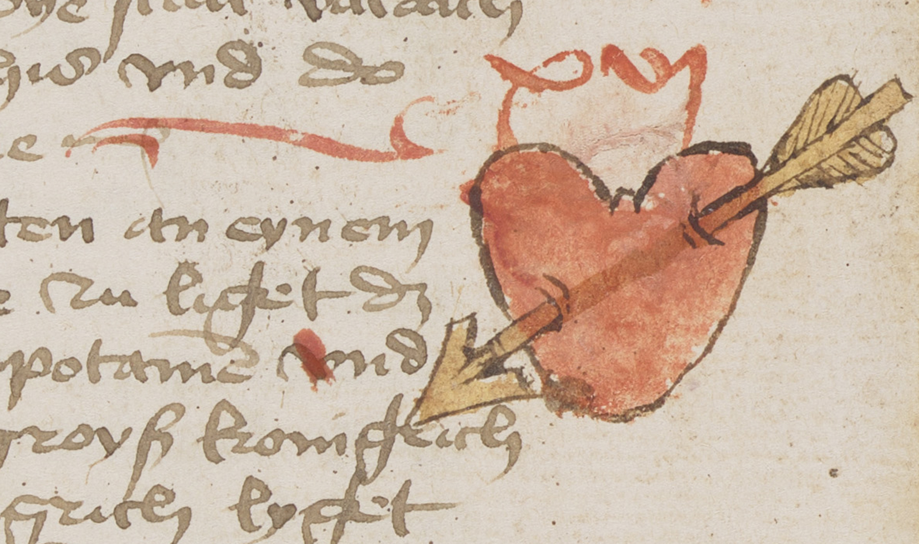 A doodled heart with an arrow through it appears in the margins of a medieval document.