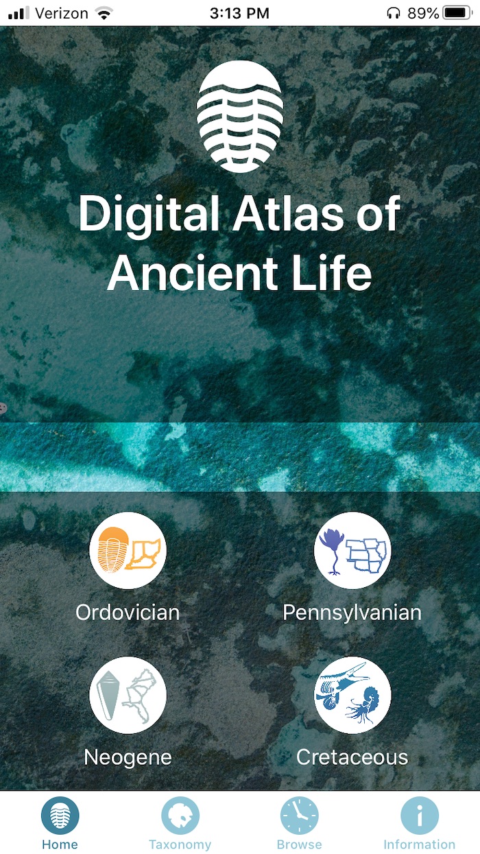 Screenshot of Digital Atlas of Ancient Life app homepage including different periods.