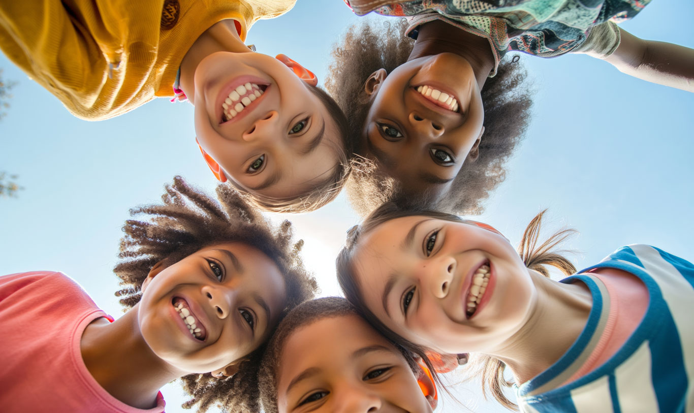 Five kids in a huddle, hugging and smiling