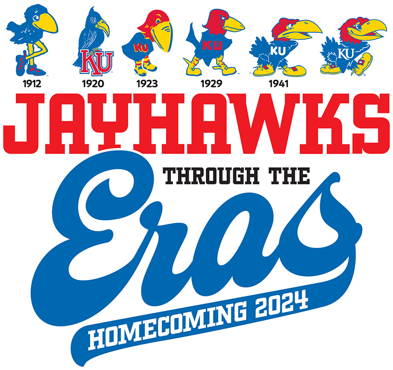 Homecoming logo: Jayhawks through the Eras, showing different Jayhawk mascots in row from 1912 to today