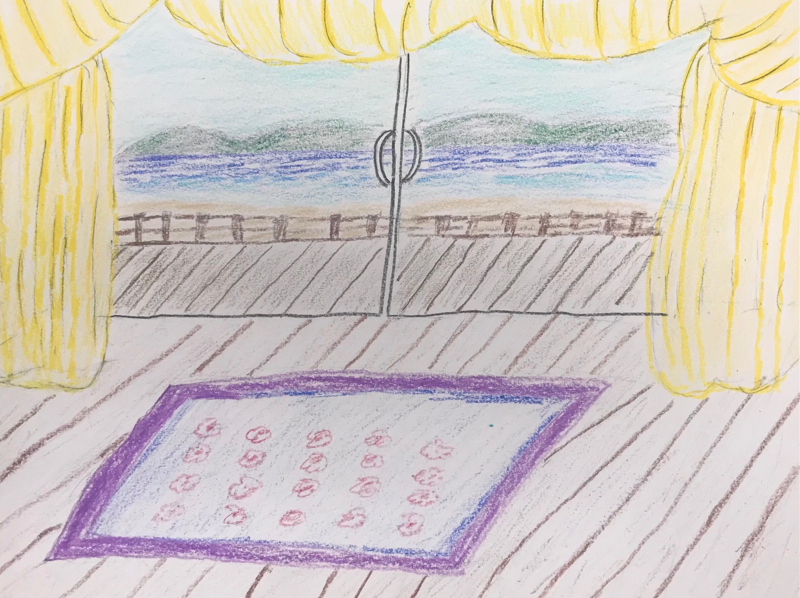 Crayon drawing of yellow curtains, glass window looking onto water, hills. Wooden floor and mat with flowers in foreground.