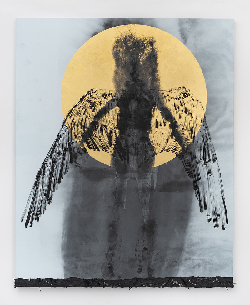 Dread Scott, “I Wish I Knew How It Would Feel to Be Free,” 2023, body print, screen print, gold leaf, tar, feathers, canvas, Spencer Museum of Art, University of Kansas, Promised gift
