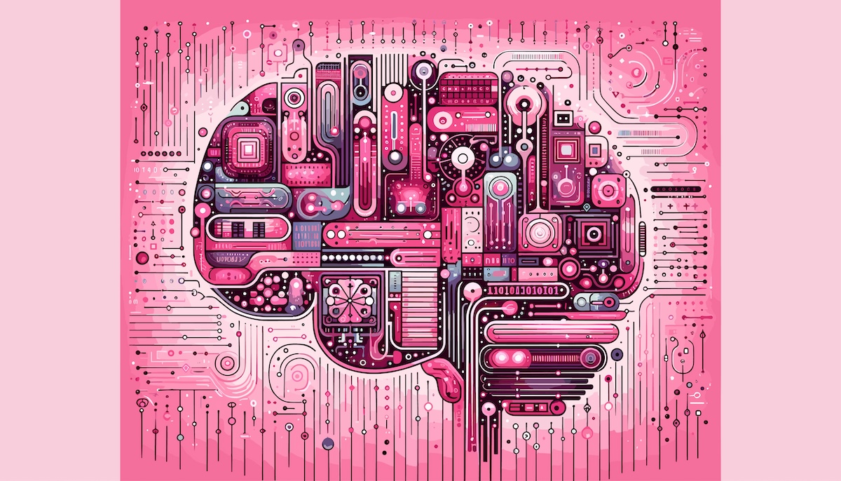 Large-scale language model AI concept illustration of a human brain made of computer parts.