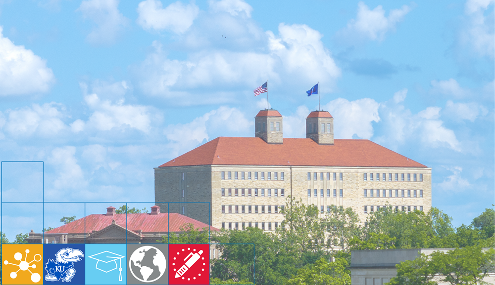 KU Lawrence campus with flags waving over Fraser Hall, graphics of each academies day represented at bottom
