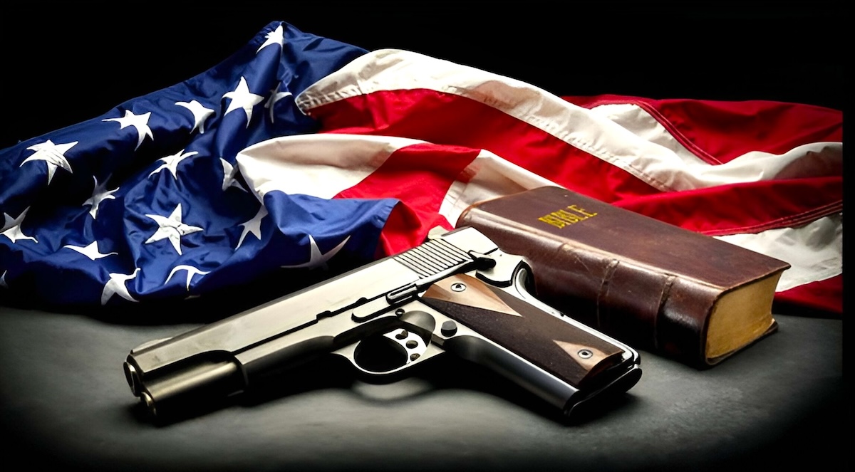 An American flag, a pistol and a Bible are stacked together.
