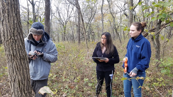 Students in wooded area setting up motion cameras to capture wildlife
