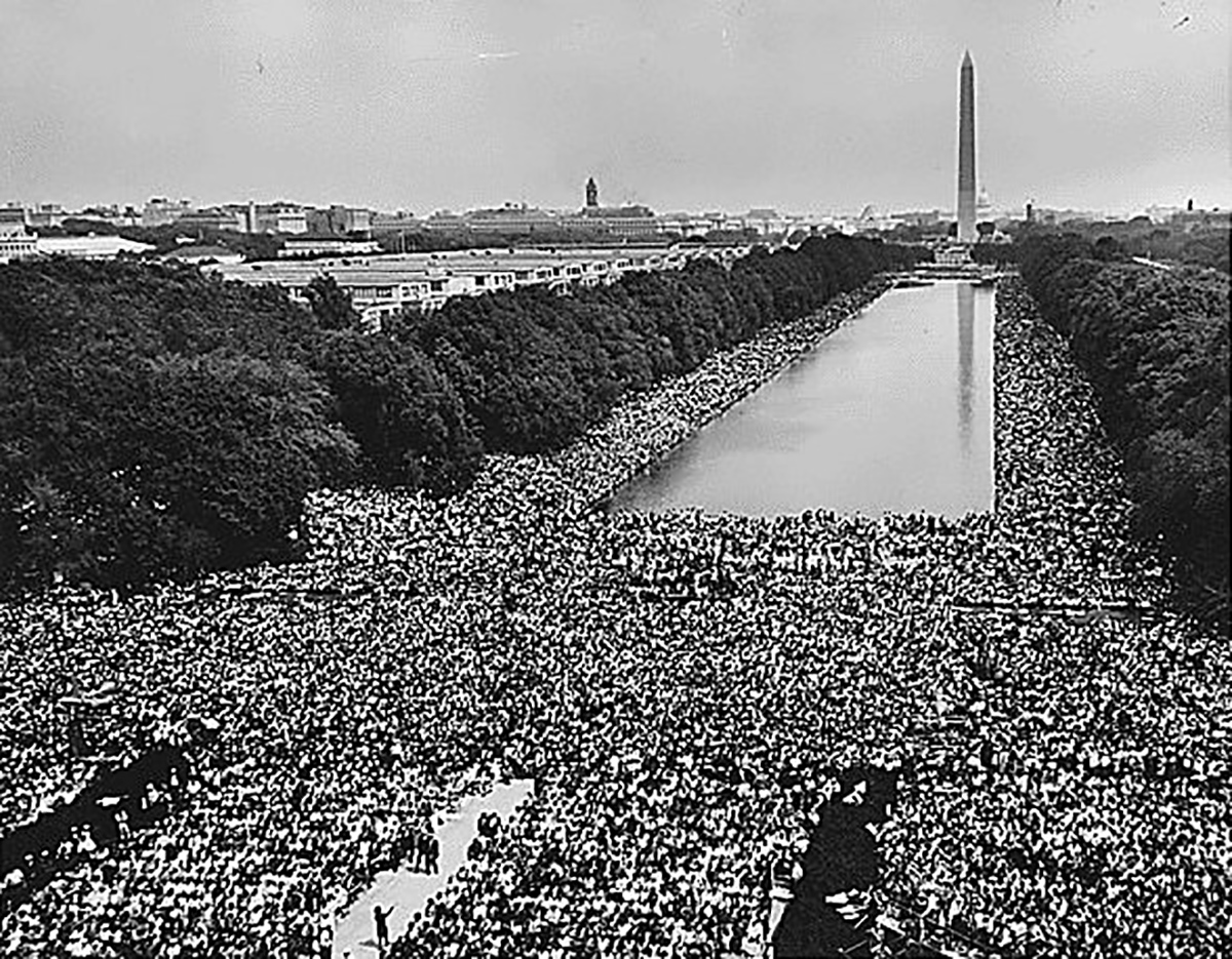 Crowd around the National Mall at the 1963 Civil Rights March on Washington, D.C.