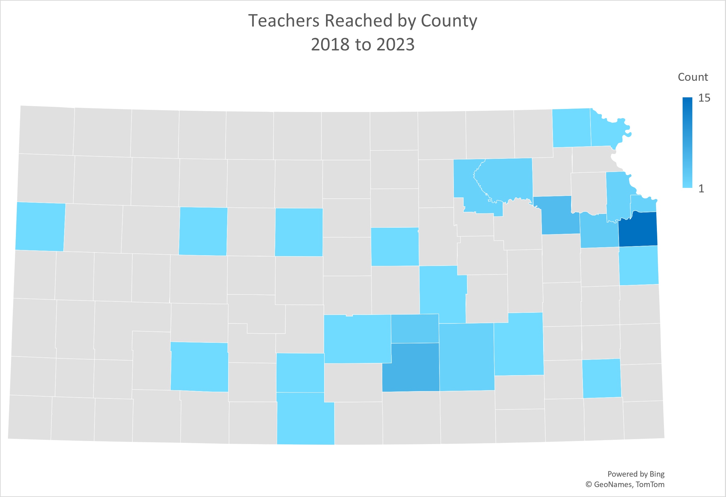 Teacher participants by Kansas county in the last five years of the Ecosystems of Kansas Summer Institute.
