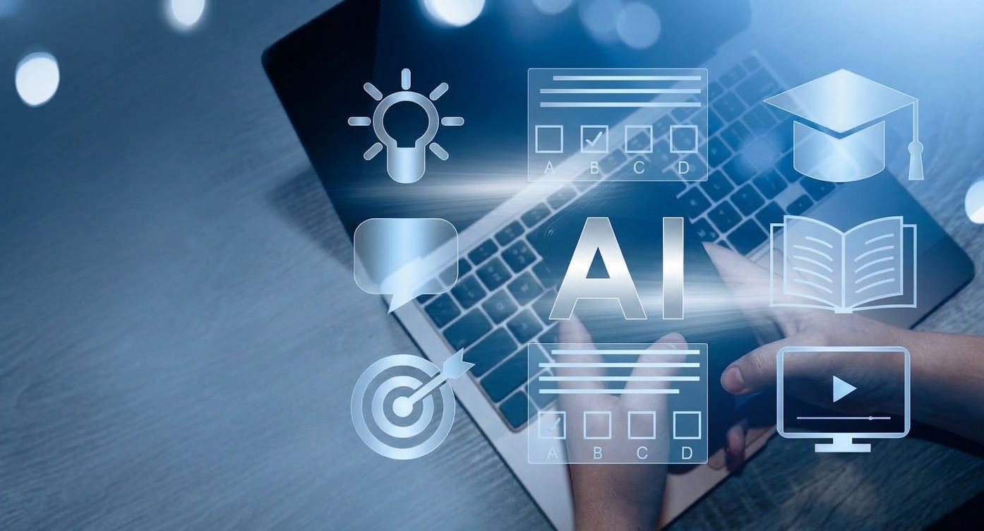 Person on phone with laptop on desk and "AI" in text with icons