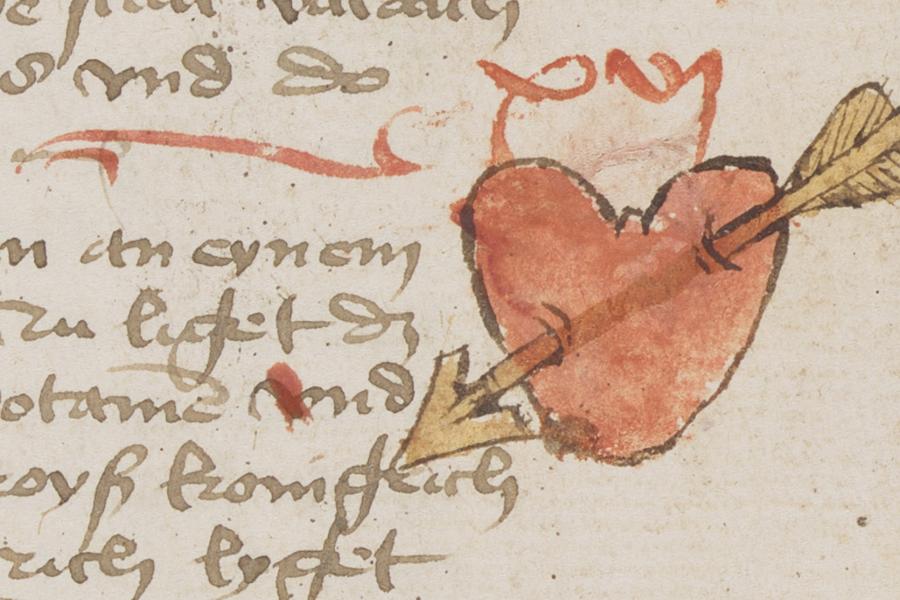 A doodled heart with an arrow through it appears in the margins of a medieval document.