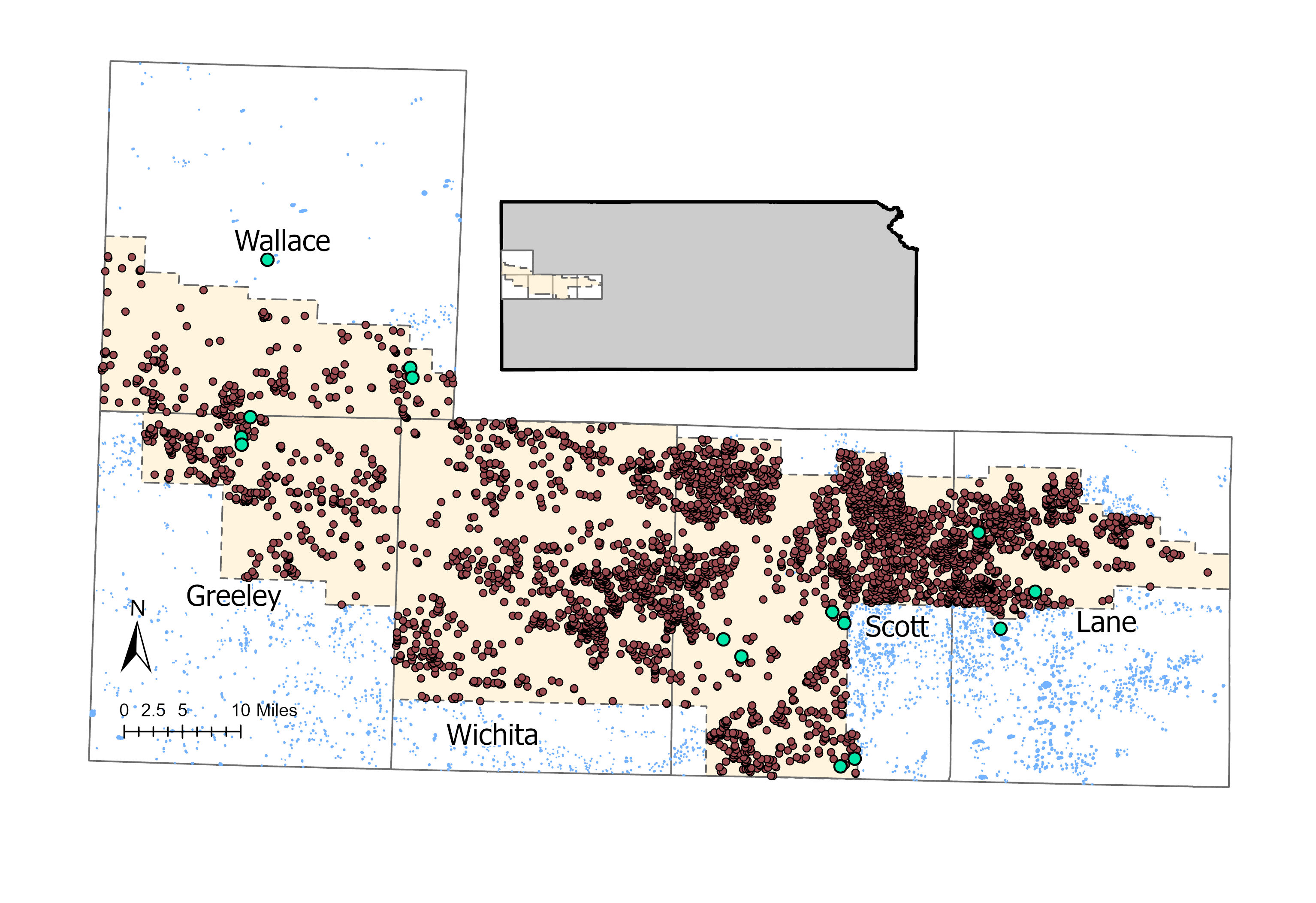 Playa study map highlighting southwest Kansas counties.