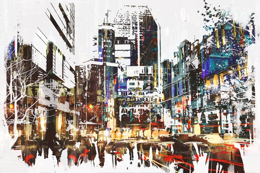 An image of an artistically-rendered city with people walking through and the city's buildings and infrastructure as part of a work of art.