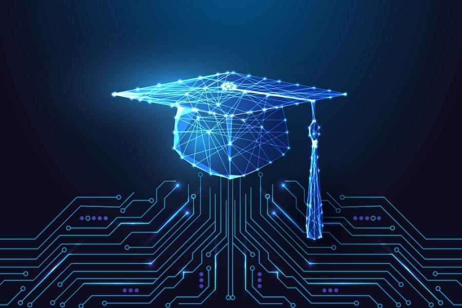 Computerized lines lead up to an image of the same lines creating a collegiate mortarboard hat.