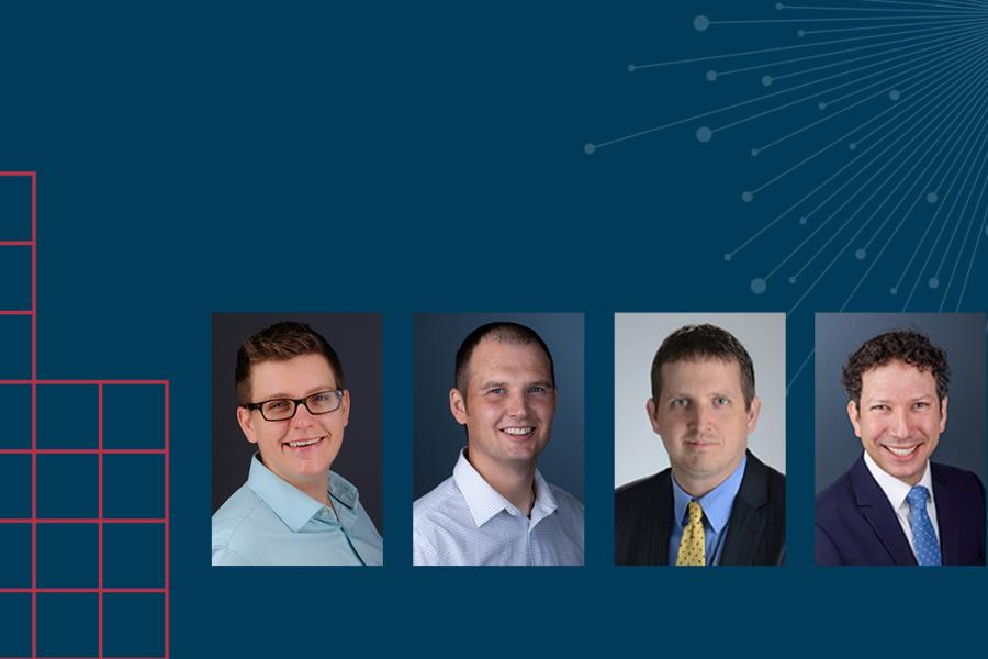 Photos of Katie Batza, Bret Freudenthal, Anthony Fehr and David Slusky, the 2026 University Scholarly Achievement Award winners..