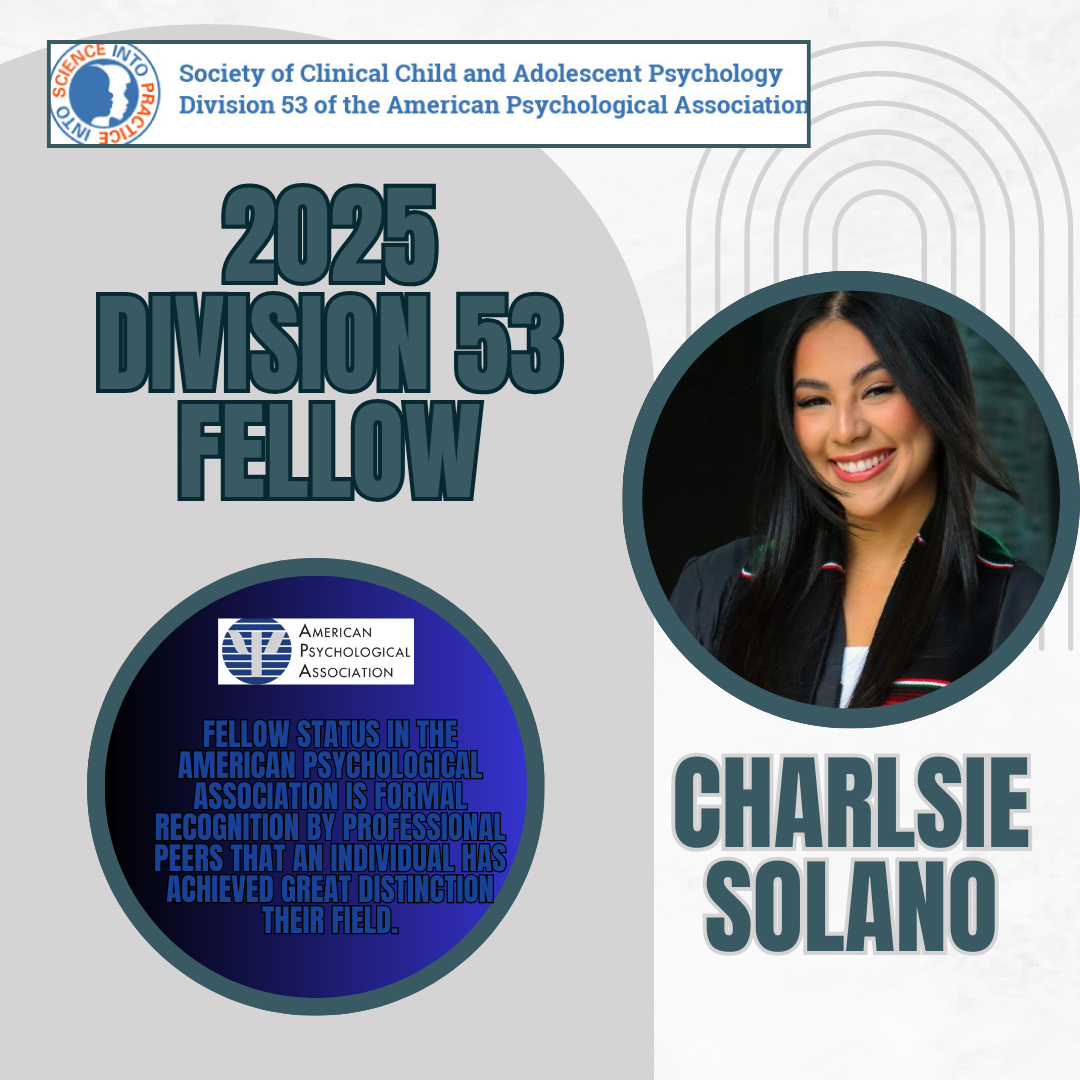Photo of Charlsie Solano on a blue and grey background explaining her fellow status
