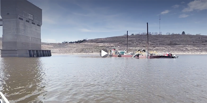 Large dredge vessel near the dam at Tuttle Creek Reservoir.
