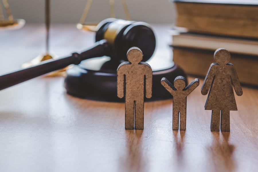 Photo illustration of wooden family figures in front of law books and a gavel