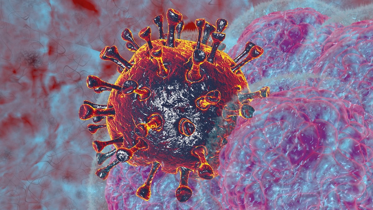 3D render illustration of a natural killer body cell in response to a coronavirus cell