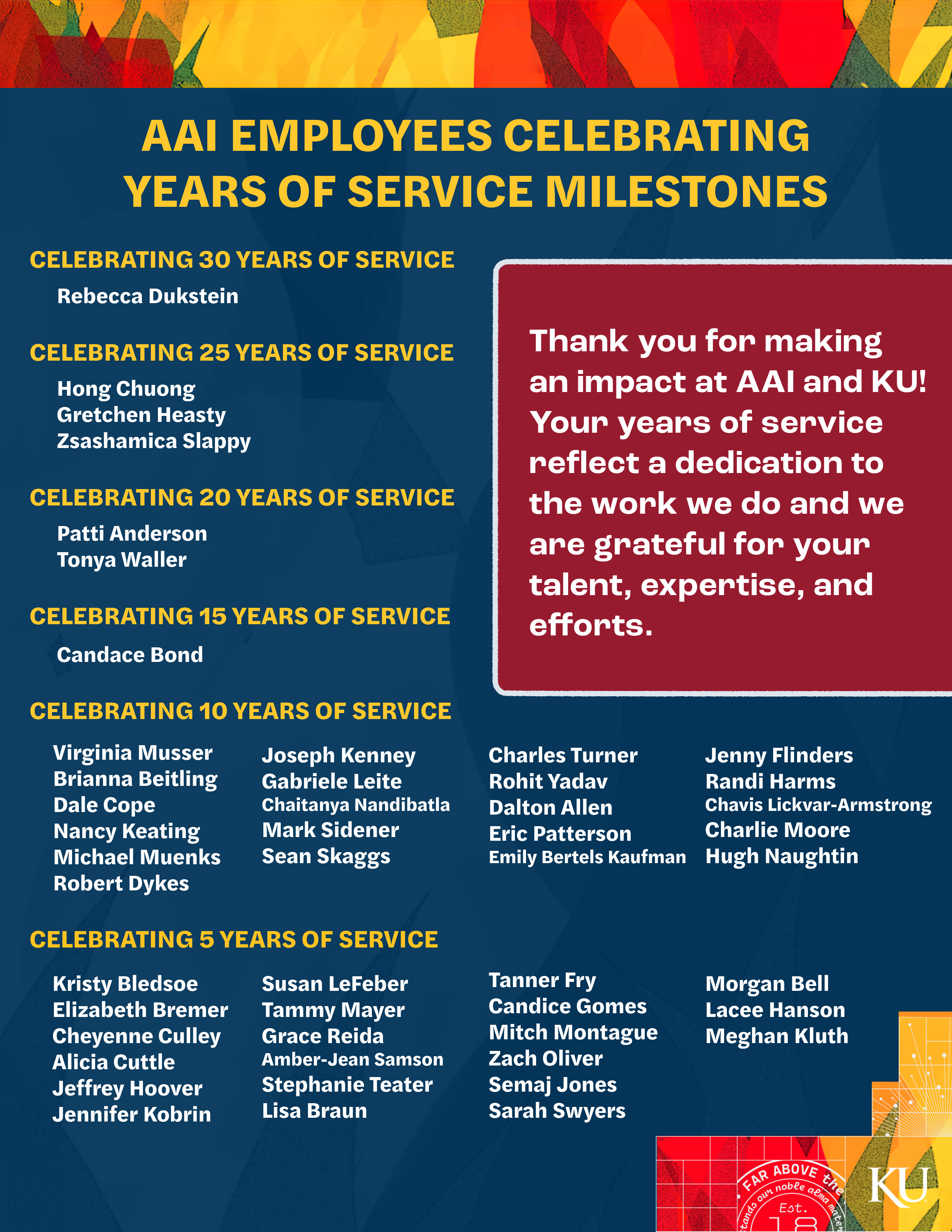 IMAGE: Thank you for making an impact at AAI and KU! Your years of service reflect a dedication to the work we do, and we are grateful for your talent, expertise, and efforts. Celebrating 30 Years of Service Rebecca Dukstein Celebrating 25 Years of Service Hong Chuong Gretchen Heasty Zsashamica Slappy Celebrating 20 Years Patti Andreson Tonya Waller Celebrating 15 Years of Service Candace Bond Celebrating 10 Years of Service Virgina Musser Brianna Beitling Dale Cope Nancy Keating Michael Muenks Robert Dykes Joseph Kenny Gabriele Leite Chaitqanya Nandibatla Mark Sidener Sean Skaggs Charles Turner Rohit Yadav Dalton Allen Eric Patterson Emily Bertels Kaufman Jenny Flinders Randi Harms Chavis Lickvar-Armstrong Charlie Moore Hugh Naughtin Celebrating 5 Years of Service Kristy Bledsoe Elizabeth Bremer Cheyenne Culley Alicia Cuttle Jeffrey Hoover Susan LeFeber Tammy Mayer Grace Reida Amber-Jean Sampson Stephanie Teater Lisa Braun Tanner Fry Candice Gomes Mitch Montague Zach Oliver Semaj Jones Samantha Swyers Morgan Bell Lacee Hanson Meghan Kluth