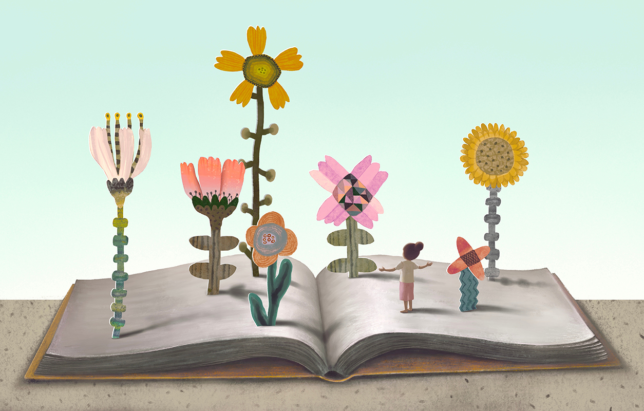An image of a girl standing in a book with a garden growing out of it.