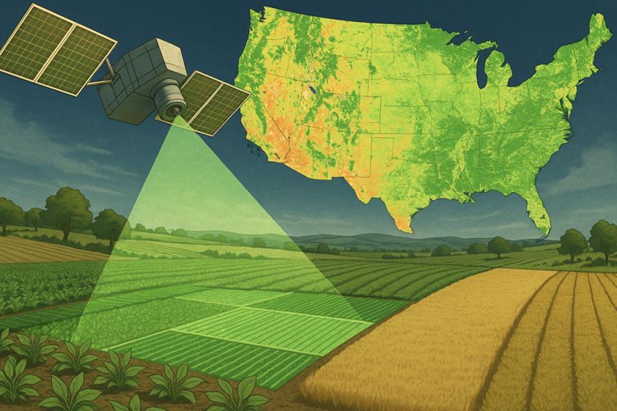 Photo illustration of satellite scanning cropland with map of USA inset