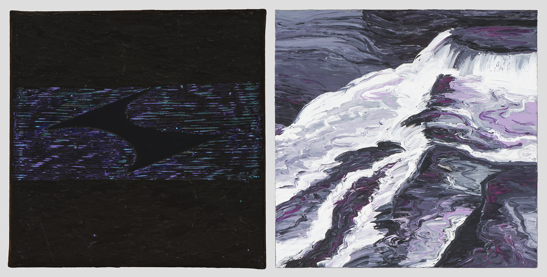 A diptych painting with the left square featuring a dark purple stripe over black textured paint and the right square resembling a waterfall of white and purple