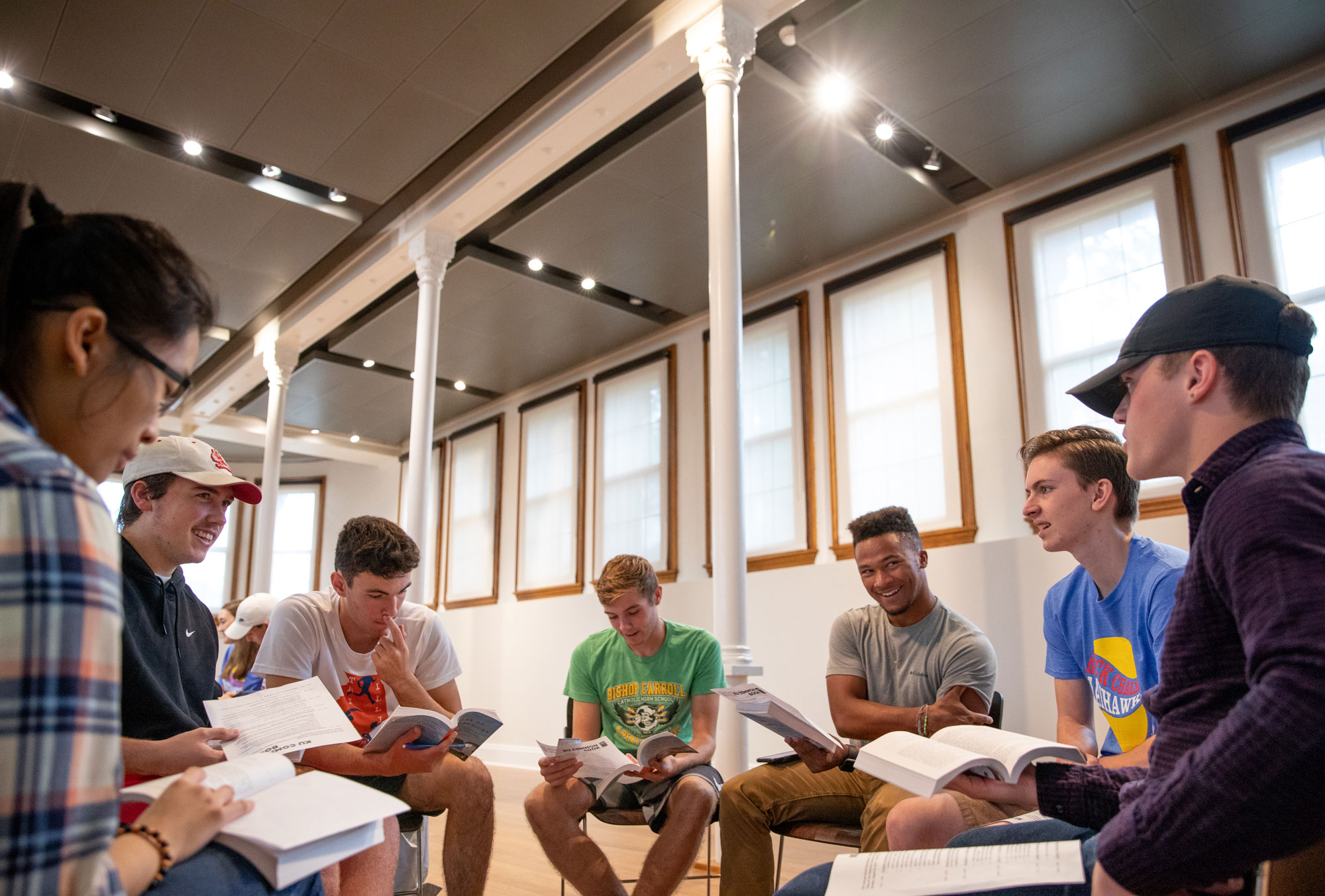 KU students gather in a small group to discuss a common read selection.