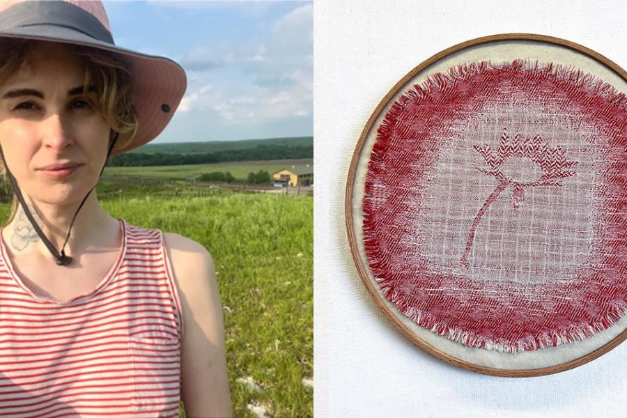 Woman in sun hat alongside a piece of art she has woven