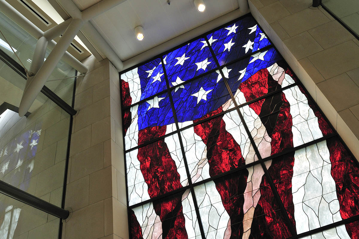 Stained glass American flag at the Dole Institute of Politics.