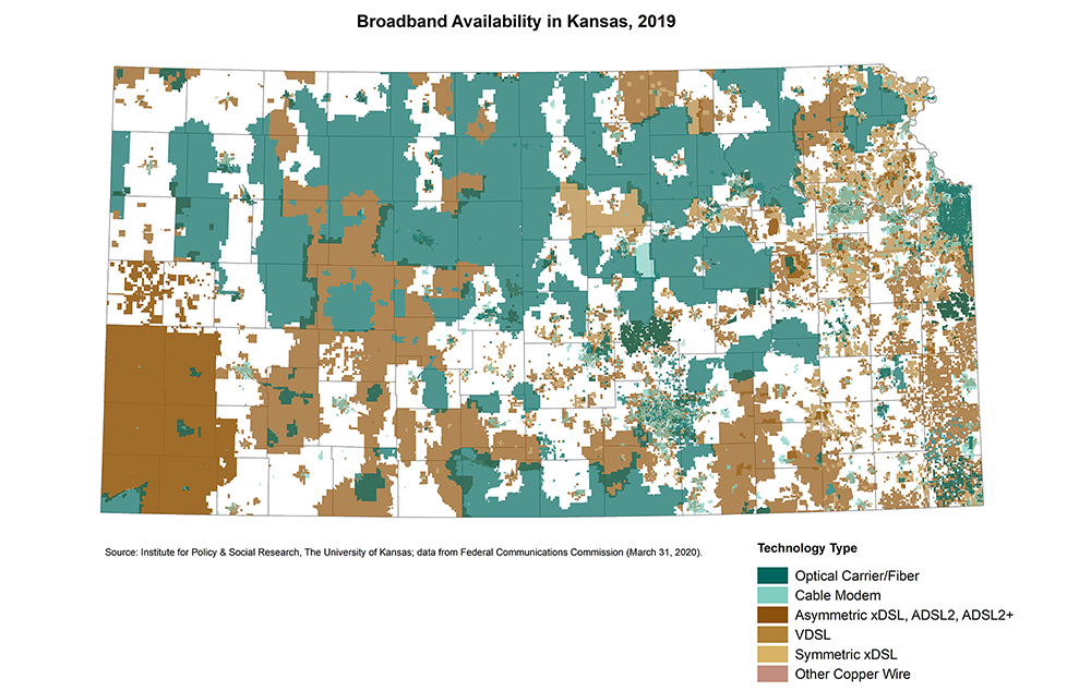 Mapped broadband availability by type of connection helps to illustrate broadband access disparities outside of urban centers in Kansas. 