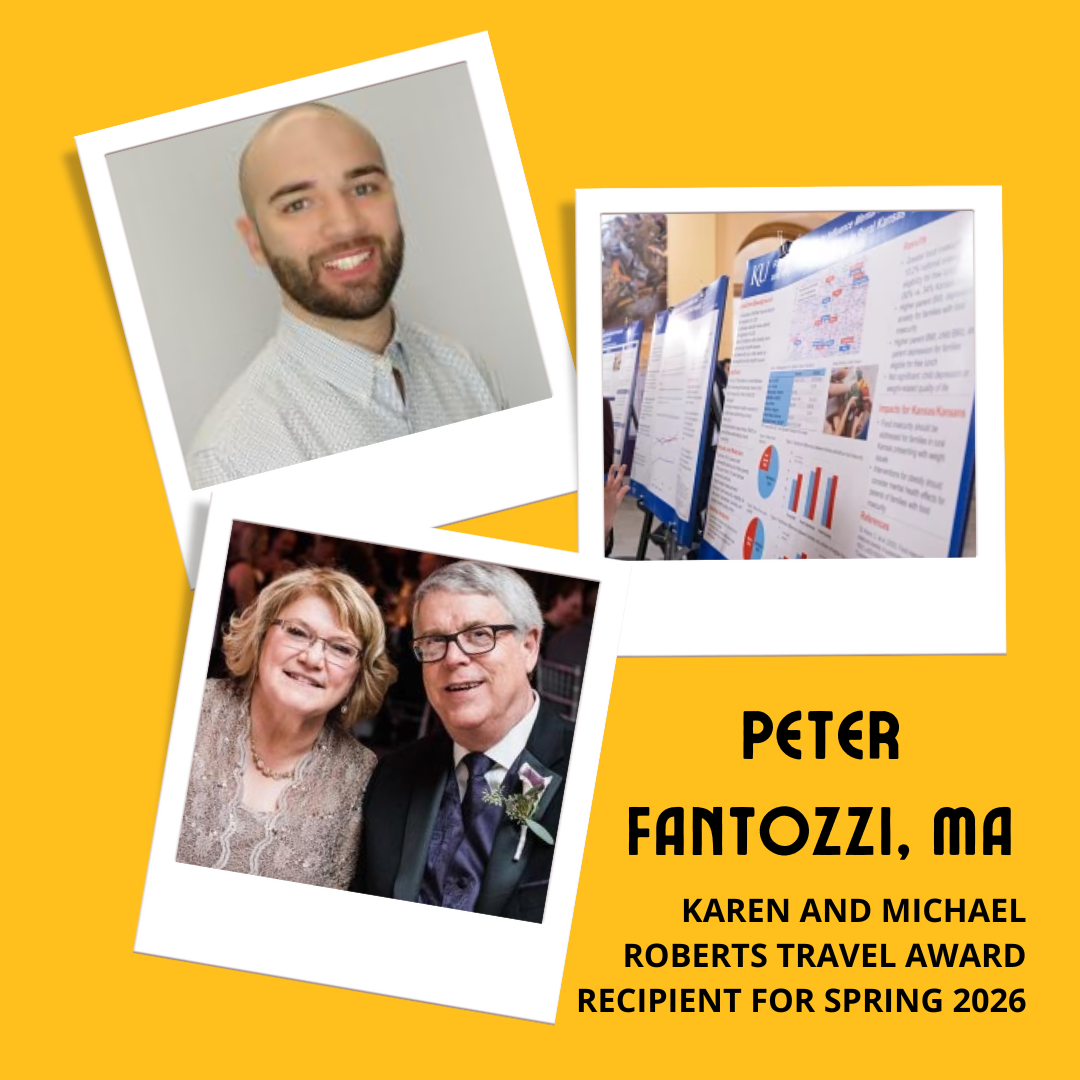 Three photo snapshots of Peter Fantozzi, Karen and Michael Roberts, and a poster presentation at a national conference