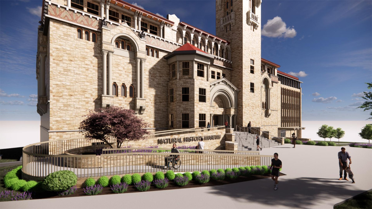 Dyche Hall architectural rendering that incorporates an accessible ramp wrapping around to the building entrance.